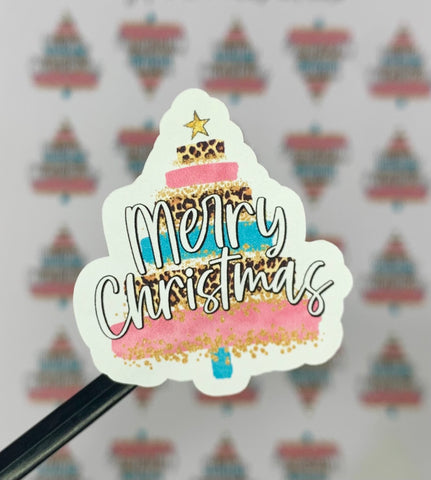 Merry Christmas pink tree 1.75 stickers - 25 stickers per sheet
